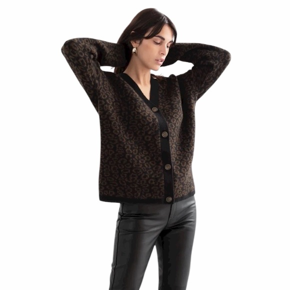 Other Stories Leo Jacquard Wool Blend Cardigan Sweater Leopard Print Medium